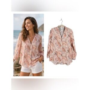 Rachel Zoe Womens 100% Linen Button Up Blouse Small Beachy Lagom Artsy New